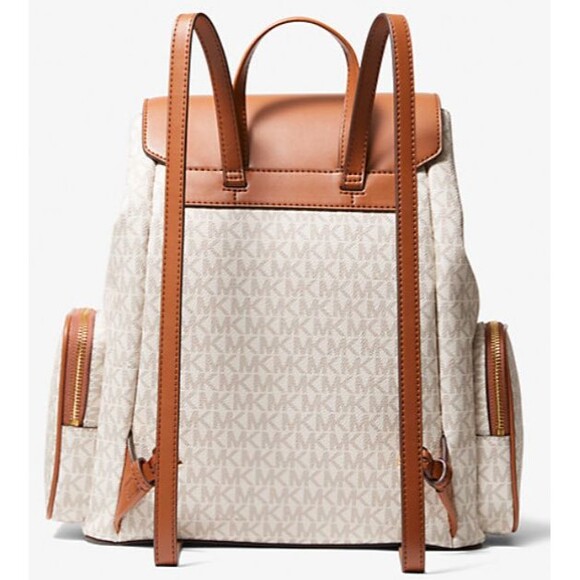 MICHAEL KORS Jet Set Large MK Logo Backpack Vanilla Brown Chain Leather NWT - Picture 4 of 4